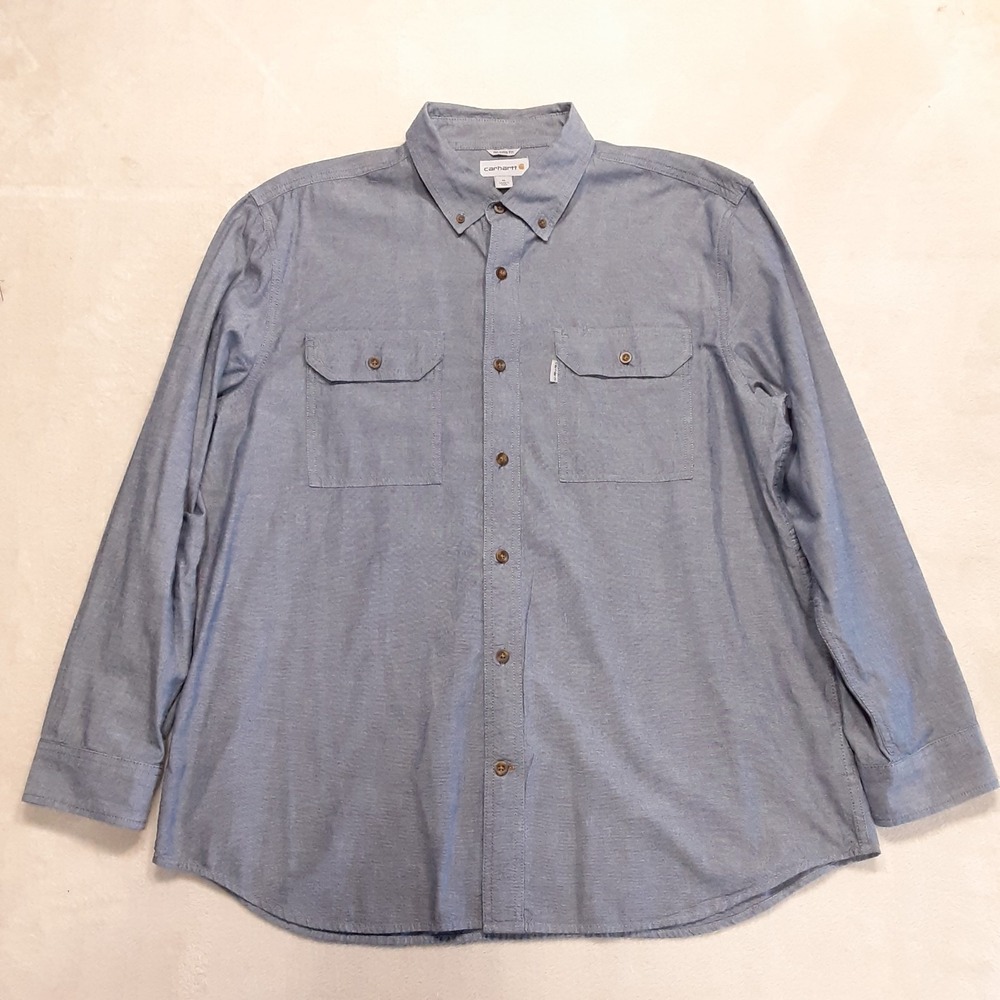 Carhartt S202 Mens Fort LS Chambray Button Down Shirt XL Blue Relaxed Fit